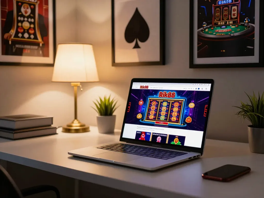 Engaging online gaming setup illustrating Rik88 casino website, featuring vibrant slot machines.