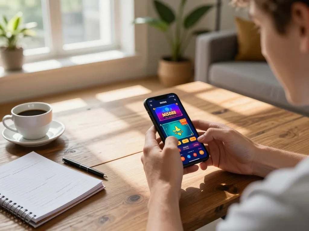 MISO88 app in use on smartphone in a cozy living room setting, showcasing strategic online gambling.