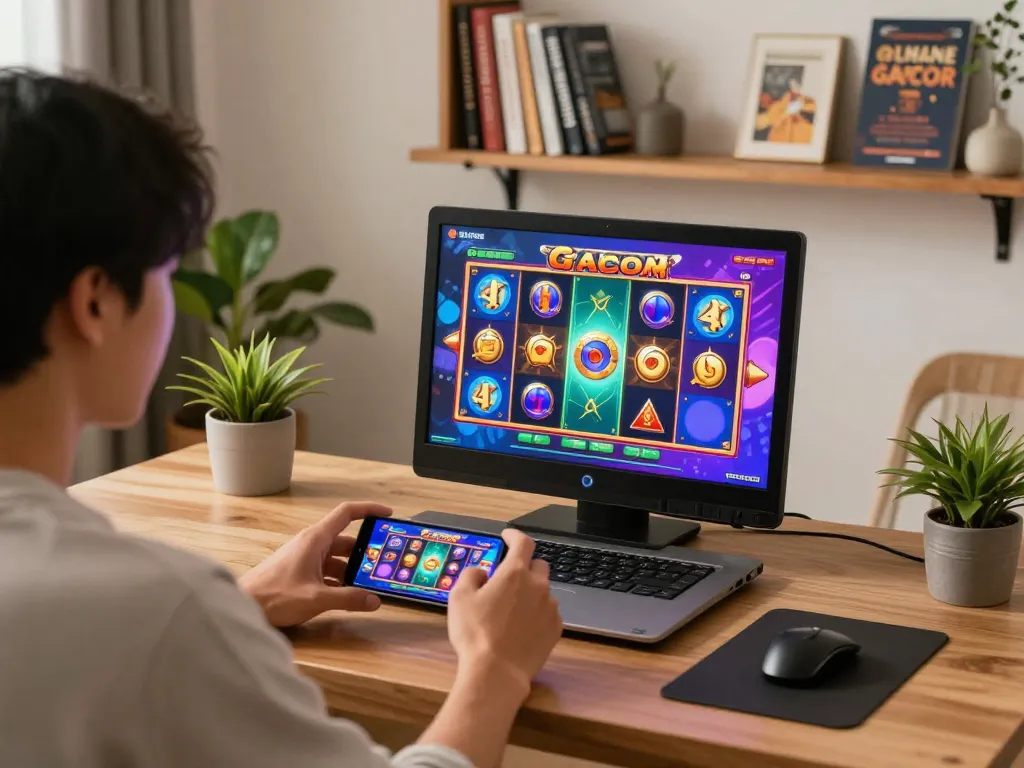 Engaging in thrilling slot gacor gameplay on a smartphone in a cozy home setup