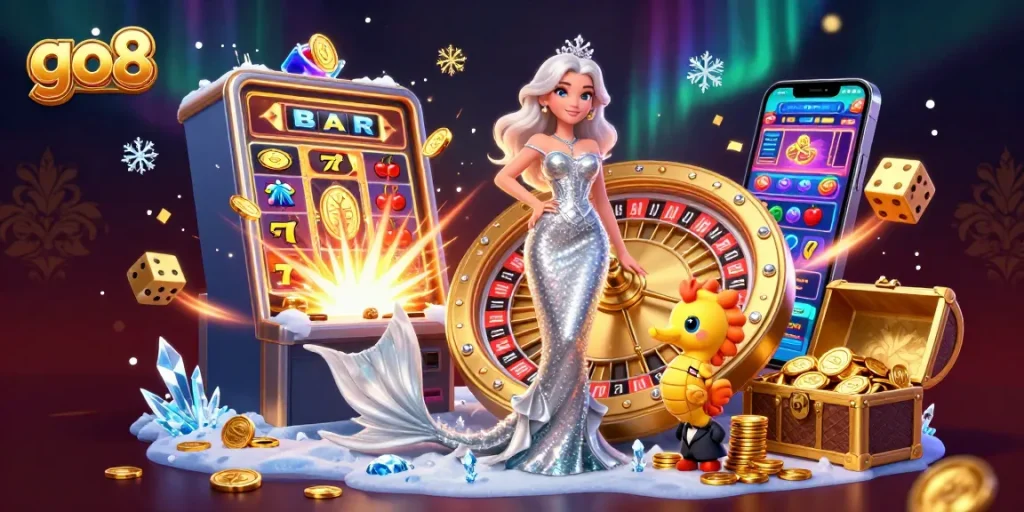 Experience thrilling wins at go8 with a dazzling casino scene featuring a glamorous mermaid and a golden roulette wheel.