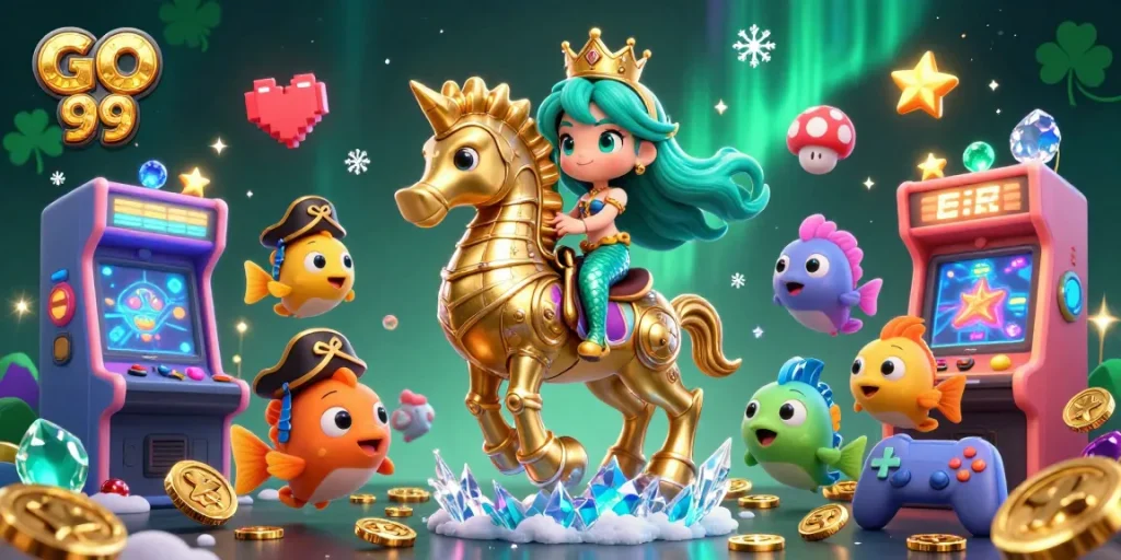 Engage with GO 99 at the vibrant casino-themed illustration packed with gaming treasures and underwater adventure.