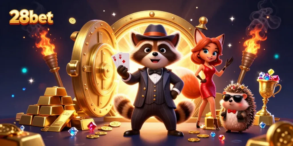 Experience winning with 28bet's vibrant casino scene featuring charming characters and golden treasures.