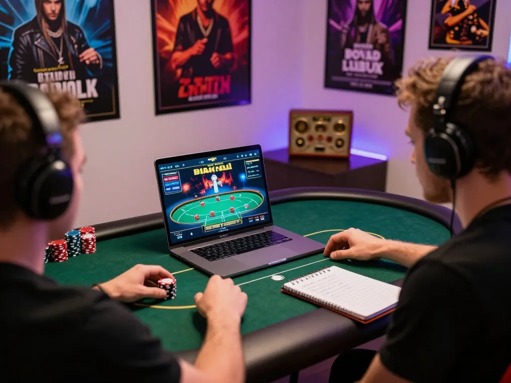 Engaging gaming scene showing a player enjoying 11BET poker on laptop with strategy notes in cozy setup