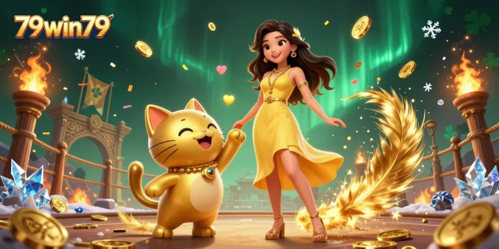 Engage with 79win79 at an exciting casino scene filled with golden coins and lucky cat interactions.
