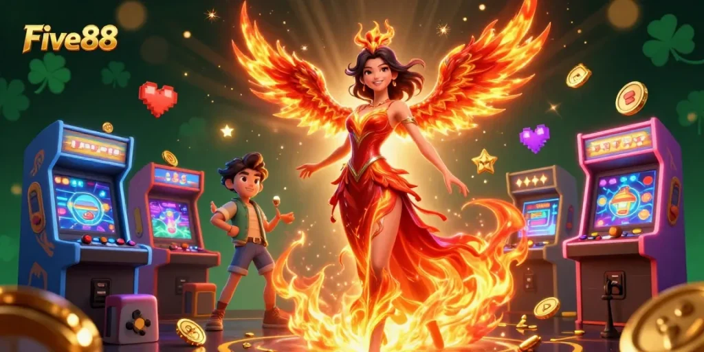 Experience Five88's vibrant casino magic with a stunning Asian woman, gaming elements, and a fiery phoenix.