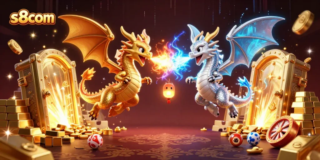Engage in thrilling gaming adventures with s8com's dynamic illustration of gold and silver dragons amid a vibrant casino atmosphere.