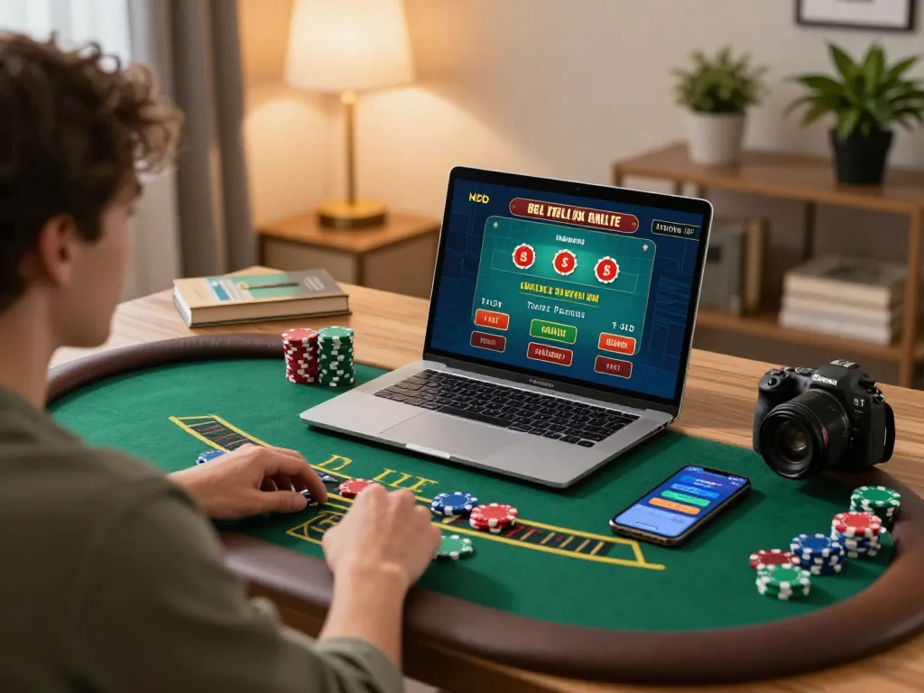 Engaging online gaming session showcasing say88 blackjack gameplay on laptop at cozy home desk.