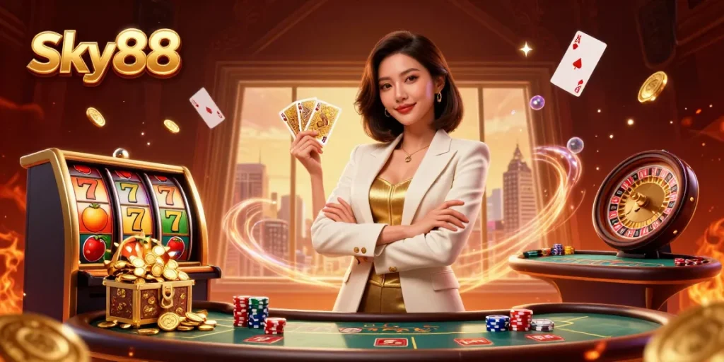 Experience thrilling gameplay at Sky88 with a powerful Asian deal, vibrant poker chips, and casino excitement.