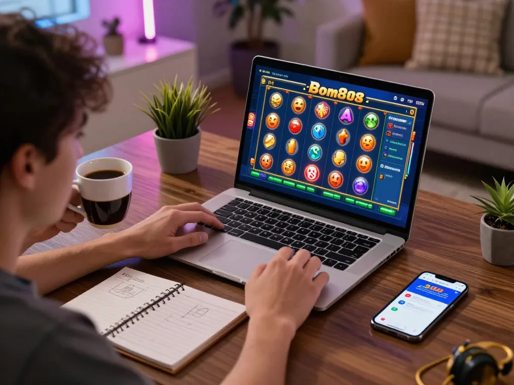 Engaging gameplay on bom88 from a stylish home setup with vibrant slot game on screen.