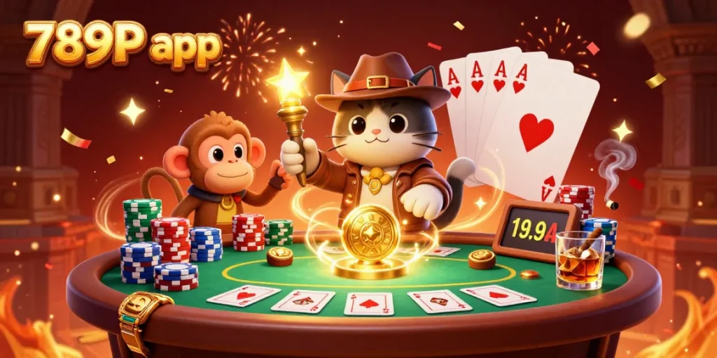 Engage with the vibrant scene of the 789P app showcasing a treasure hunt through a casino-themed temple.