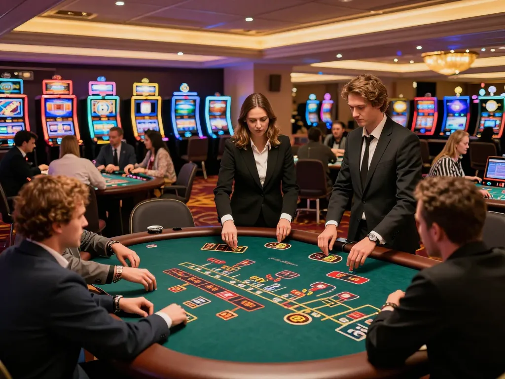 Players strategizing bets at GO8 casino with vibrant gaming tables and slot machines.