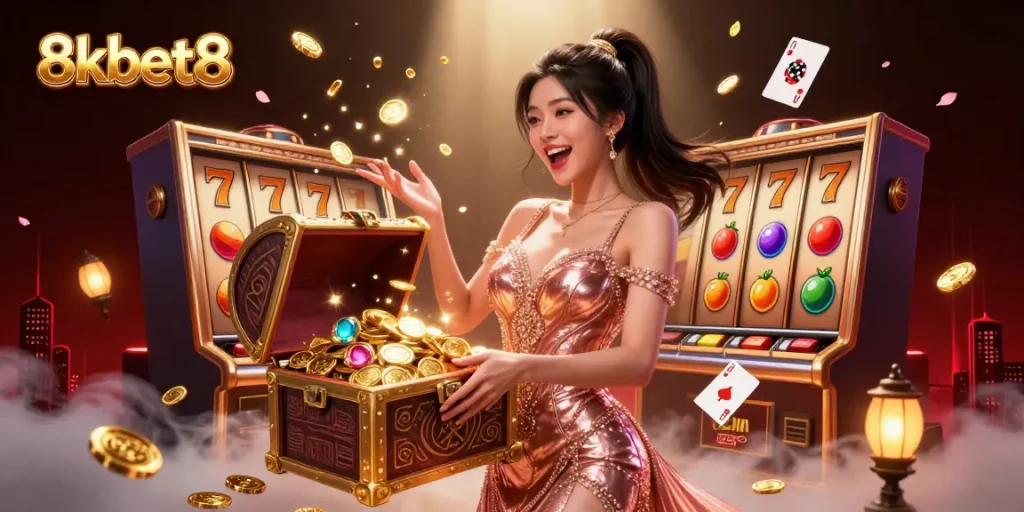 Experience winning moments at 8kbet8 with this vibrant and engaging casino illustration.