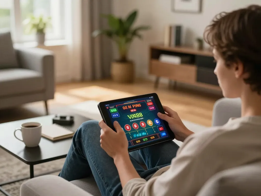 Engaging in vin88 online gaming from a cozy home setup with a tablet and strategy notes.