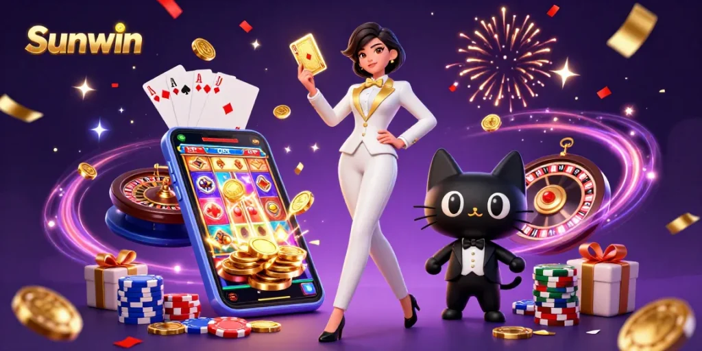 Win big with Sunwin in this vibrant casino scene filled with colorful games and dynamic celebrations.