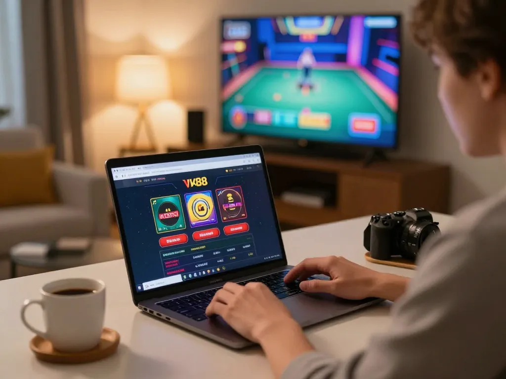 VK88 online gaming experience in a relaxed home setting, showcasing engaging gameplay on a laptop