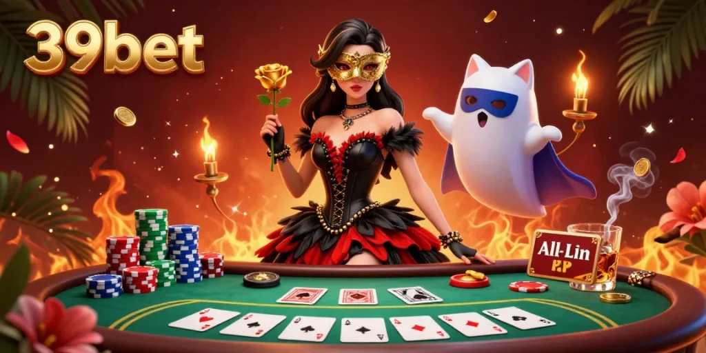 Experience the thrill of 39bet in a vibrant, dynamic casino scene with poker elements and engaging characters.