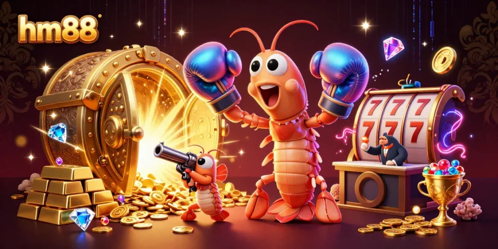 Experience the thrill of gambling with hm88 in an energetic slot-themed casino scene, featuring vibrant characters and elements.
