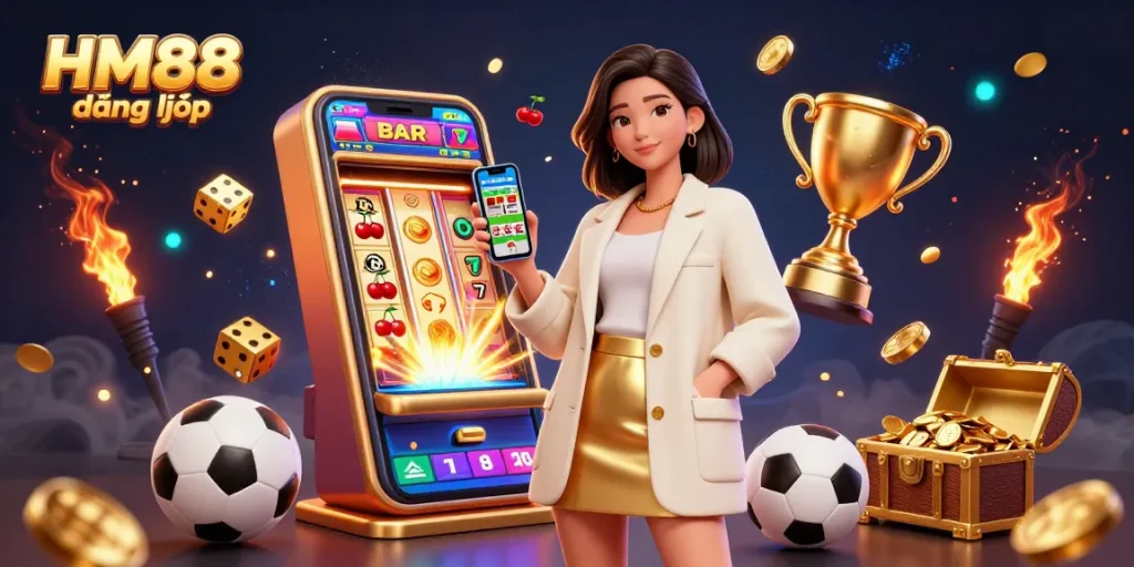 Engage in HM88 đăng nhập with a friendly Asian woman showcasing a sports betting app amidst vibrant casino elements.
