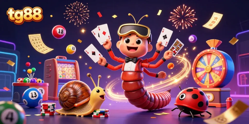 Engage in the thrilling tg88 gaming experience with a dynamic illustration featuring a millipede dealer and high-roller snail.