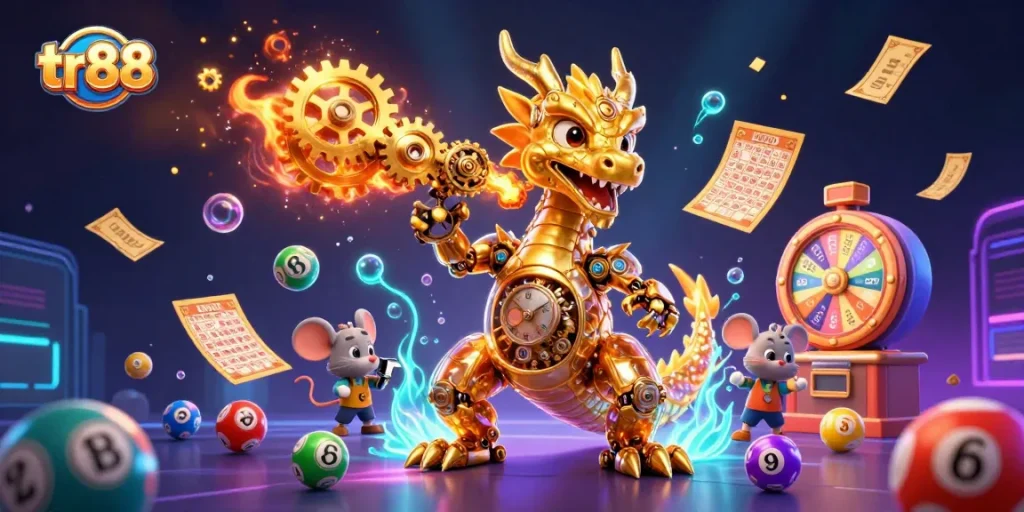 Experience thrilling gameplay at tr88 with a golden dragon, colorful lottery elements, and exciting casino features.