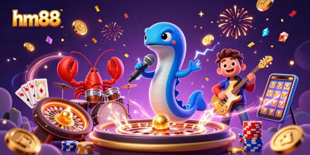 hm88 showcases an electric eel DJ at an underwater casino, surrounded by sparkling gems and vibrant gaming elements.