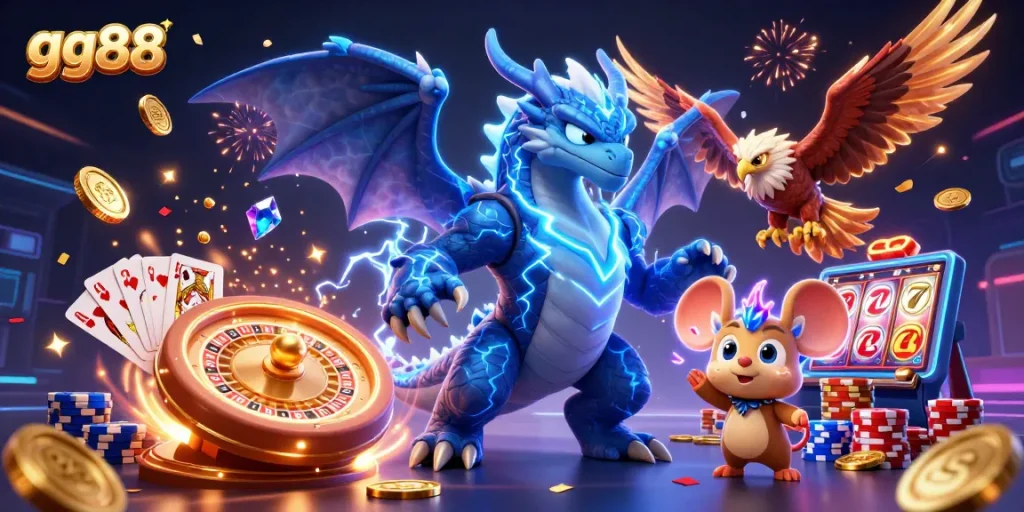 Experience thrilling wins with gg88 in this vibrant casino scene featuring dynamic gaming elements.
