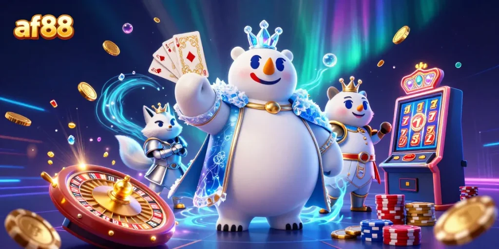 Win big at af88 with dynamic 3D characters amidst a vibrant casino atmosphere.