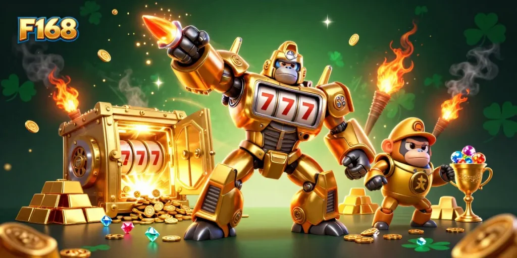 Win big with F168 in this dynamic, action-packed casino illustration featuring vibrant colors and lively gaming elements.