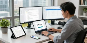 Optimizing WPS Download on a modern tech workspace with multiple devices.