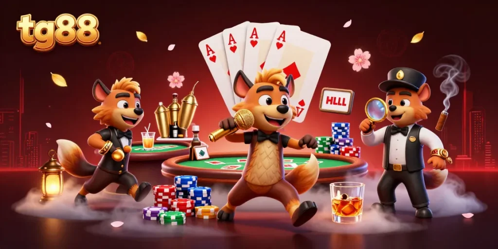 Join the fun at tg88 as hyenas manage a lively casino scene with games and laughter.