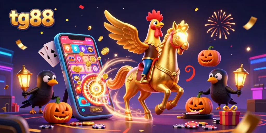 Engage with tg88's thrilling casino experience featuring a golden rooster, spectral horse, and vibrant gaming elements.
