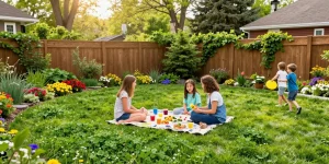 Clover lawns Ottawa showcased in a sunny spring backyard scene with families enjoying a picnic.