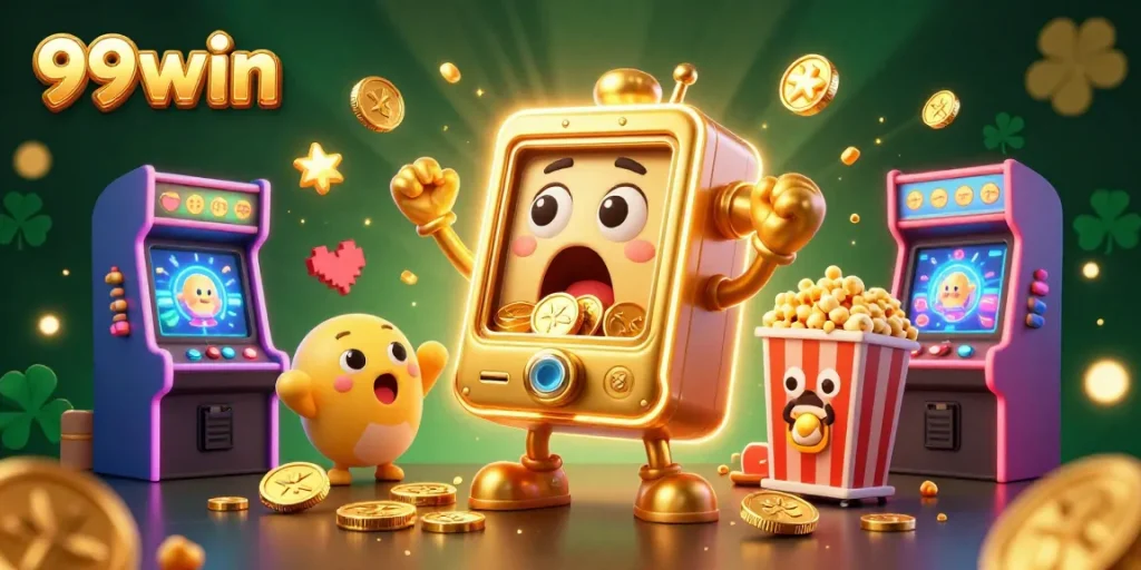 Experience the vibrant energy of 99win with a joyous slot machine hitting a jackpot amidst cheering characters and colorful game elements.