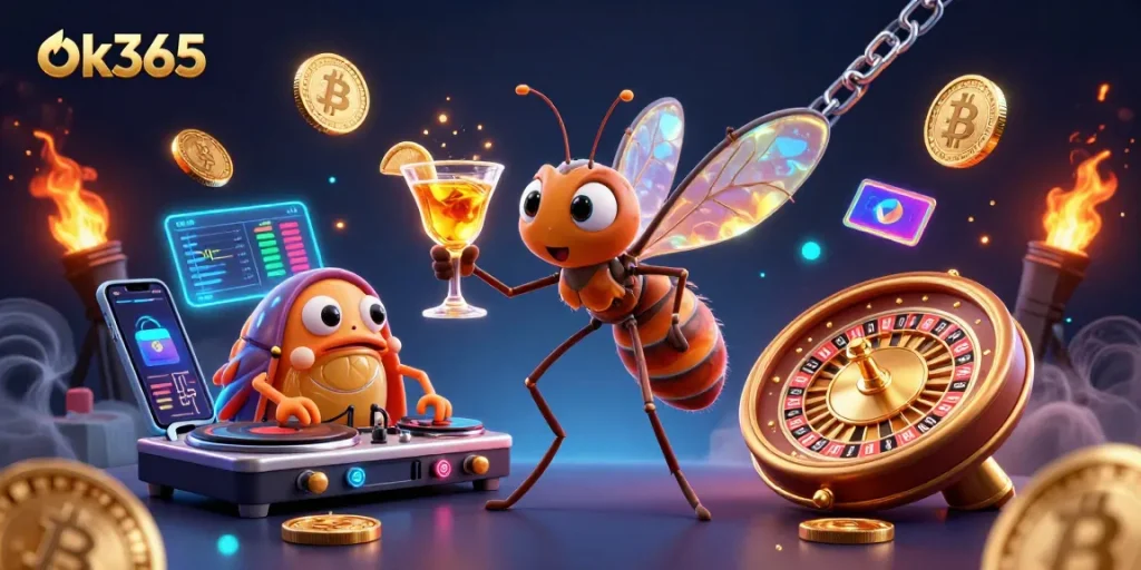 Engage with ok365's casino excitement featuring a unique 3D cartoon scene of a mosquito and trilobite DJ.