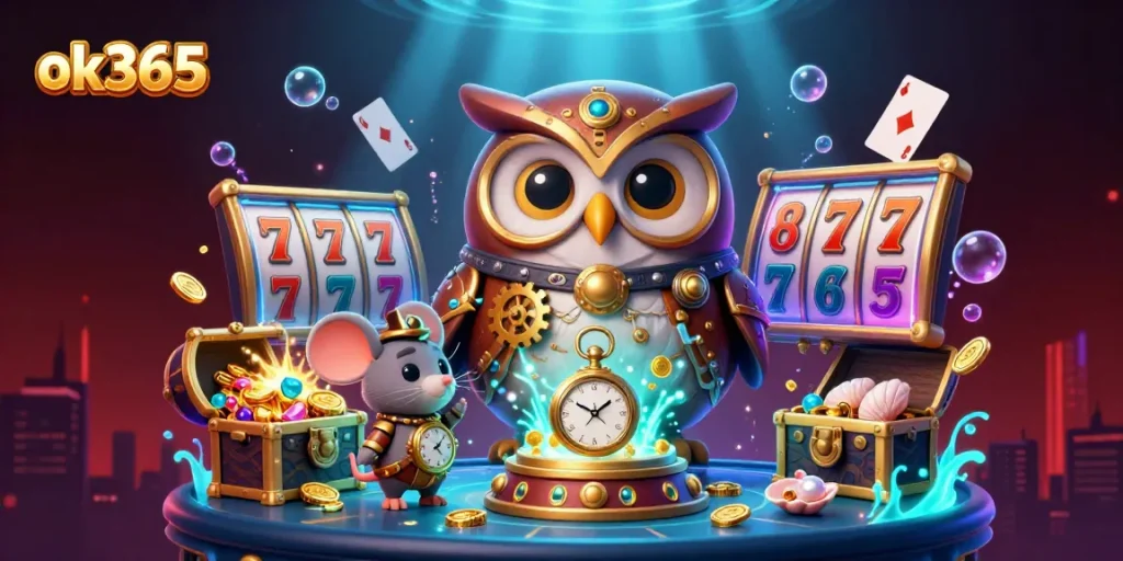 Experience ok365's thrilling gaming world with vibrant, dynamic elements in this casino illustration.