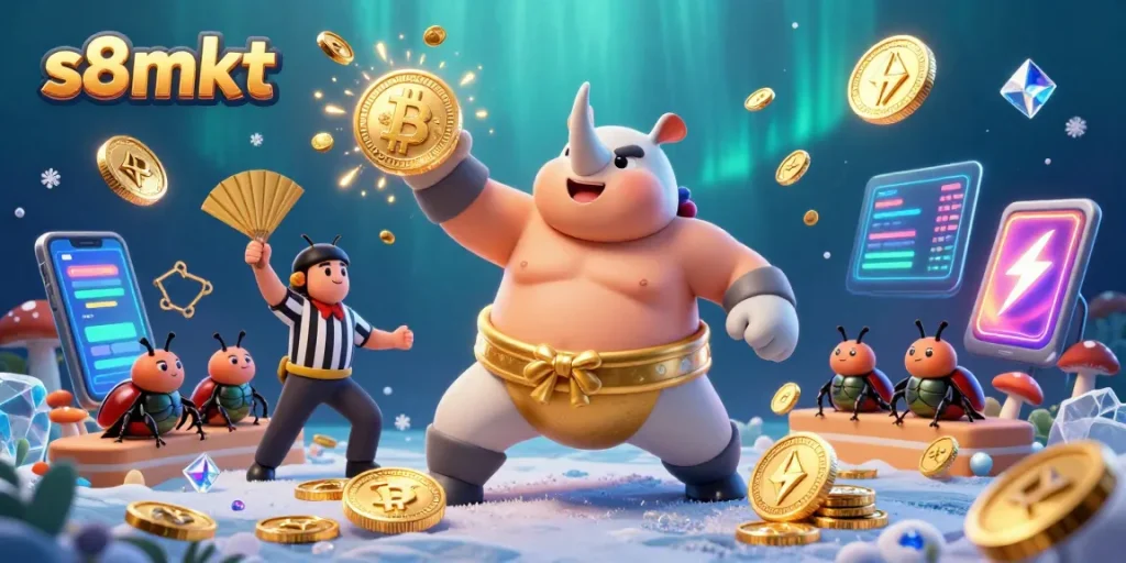 Experience the exciting s8mkt platform with dynamic visuals of gambling art featuring colorful coins and characters.