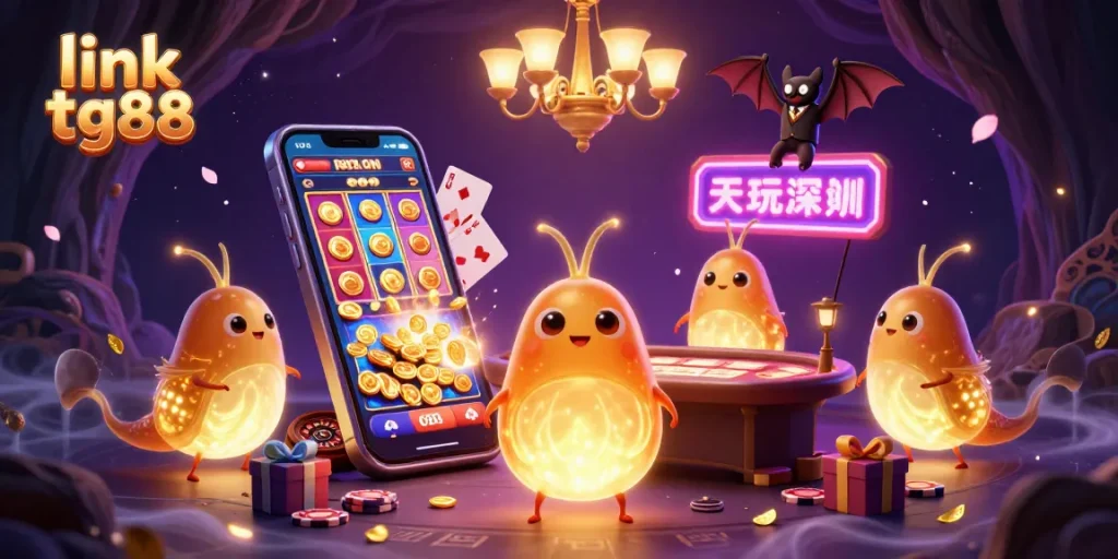 Experience the excitement with link tg88 in a vibrant cave casino illuminated by glowworms and a bat dealer.