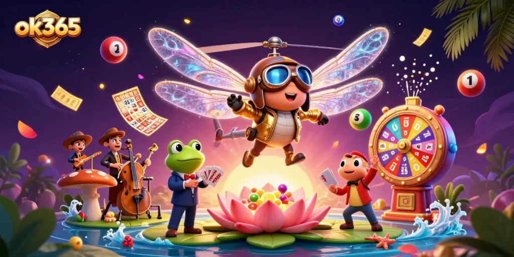 Play exciting games at ok365 with a dragonfly pilot and frog dealer amidst vivid casino elements.