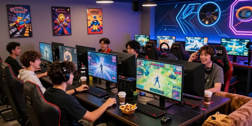 Exciting scene at https://hm88.cafe/ with friends gaming together in a vibrant atmosphere.