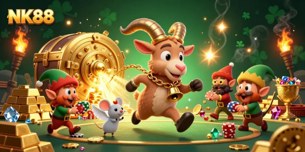 Engage in thrilling gameplay at NK88 with Krampus and festive characters in a lively casino scene.