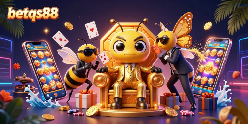 Experience thrilling gameplay with betqs88 in a vibrant 3D casino scene full of excitement.