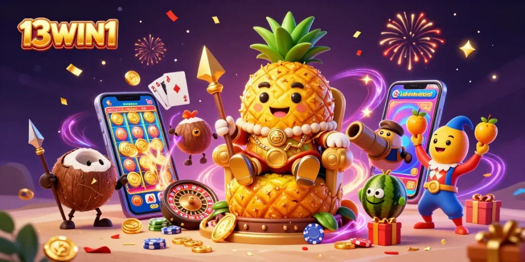 Engage with 13WIN1’s vibrant casino scene featuring a golden pineapple king and thrilling gaming elements.