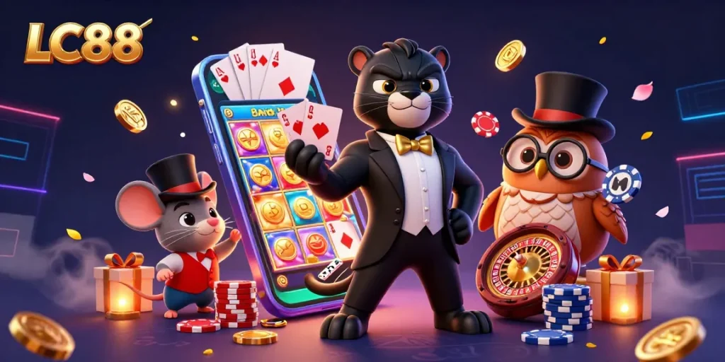 Experience thrilling gameplay at LC88 with a stylish panther dealing cards in a vibrant casino scene.