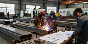 Active steel fabrication workshop highlighting a premier commercial steel company and skilled metalworkers in action.