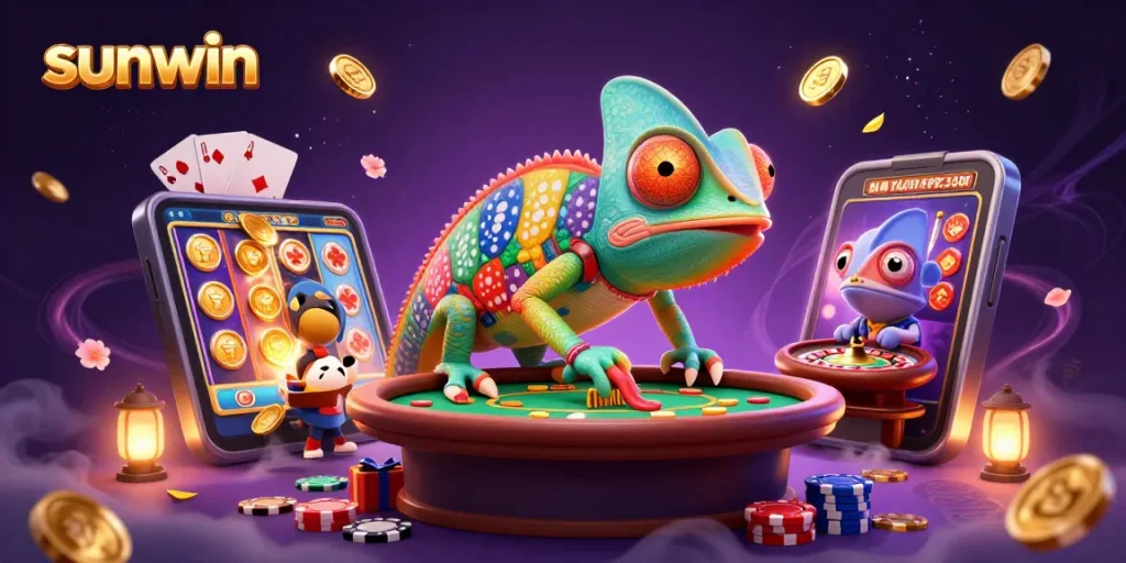Engage with sunwin's vibrant casino experience featuring a colorful chameleon character enhancing gameplay with golden coins and dynamic gaming elements.