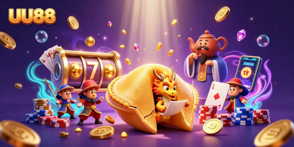 Win big at UU88 with this vibrant scene showcasing dynamic slot reels and lucky golden treasures.