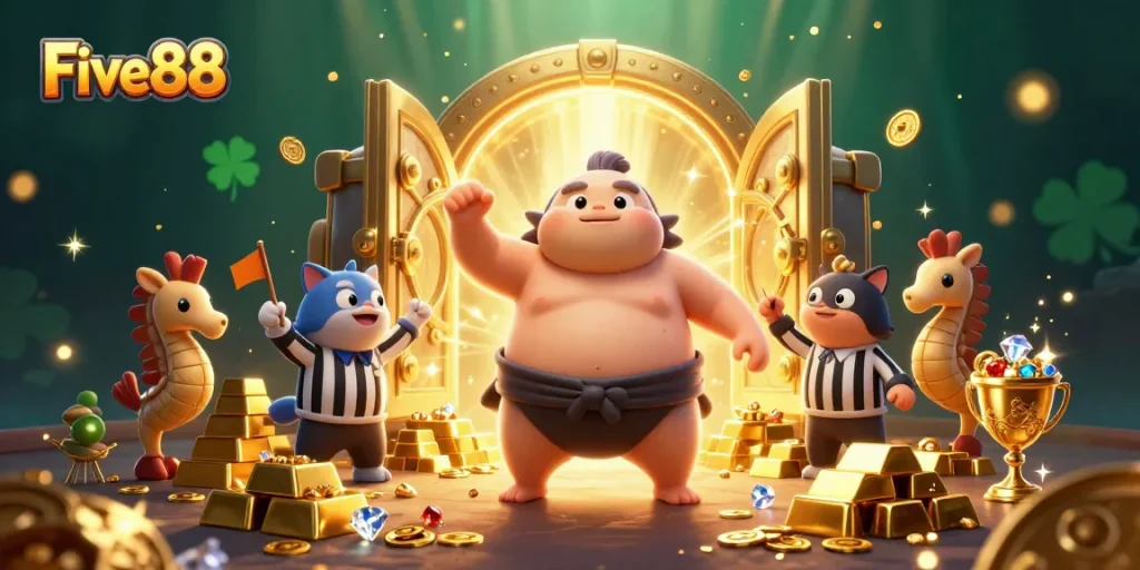 Experience the excitement of Five88 with vibrant casino elements and dynamic characters in a colorful underwater scene.