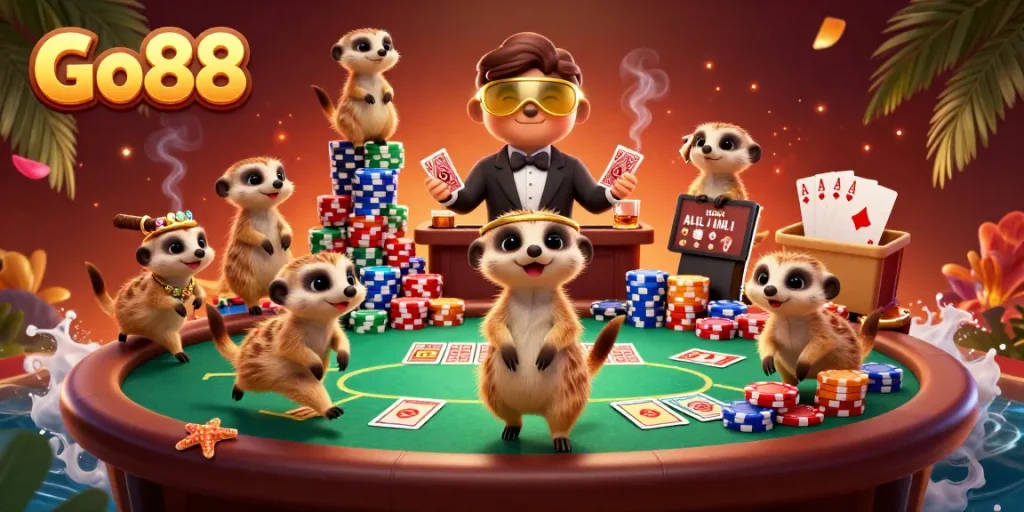 Engage in thrilling gameplay at Go88 with a dynamic meerkat casino scene, showcasing card games and vibrant poker chips.
