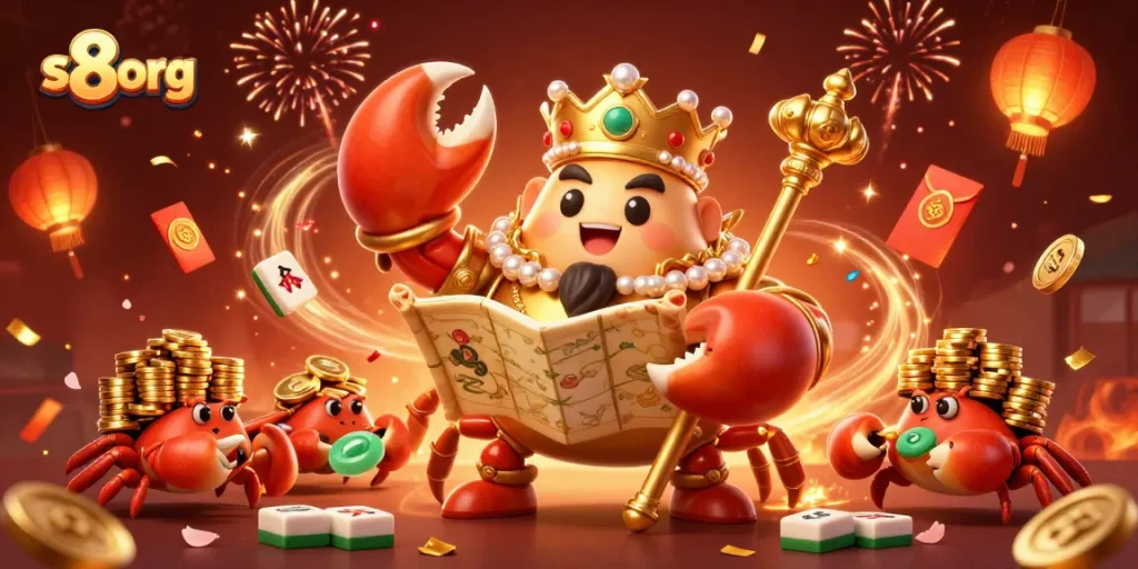 Spin the reels at s8 org with fortune, featuring a vibrant 3D scene of the golden crab emperor surrounded by lucky symbols.