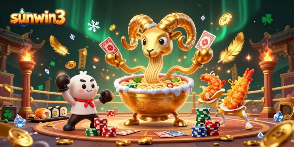 Experience the excitement of sunwin3 with vibrant characters in an action-packed casino scene.